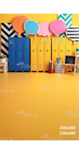 Tło fotograficzne „Kolorowe szafki szkolne z dymkami” | 3953